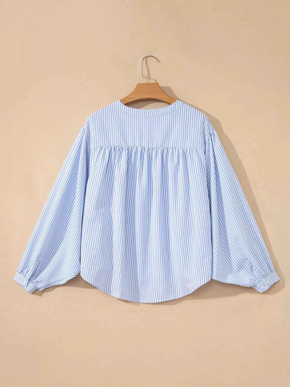 Sarah Express Women's Stripe Floral Embroidered Tunic Blouse - Billowy Sleeve Baggy Shirt