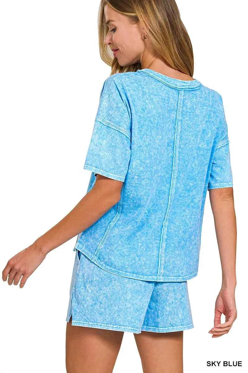 Sarah Express Women's Snow Washed Tee and Shorts Set - Casual Loungewear Two Piece