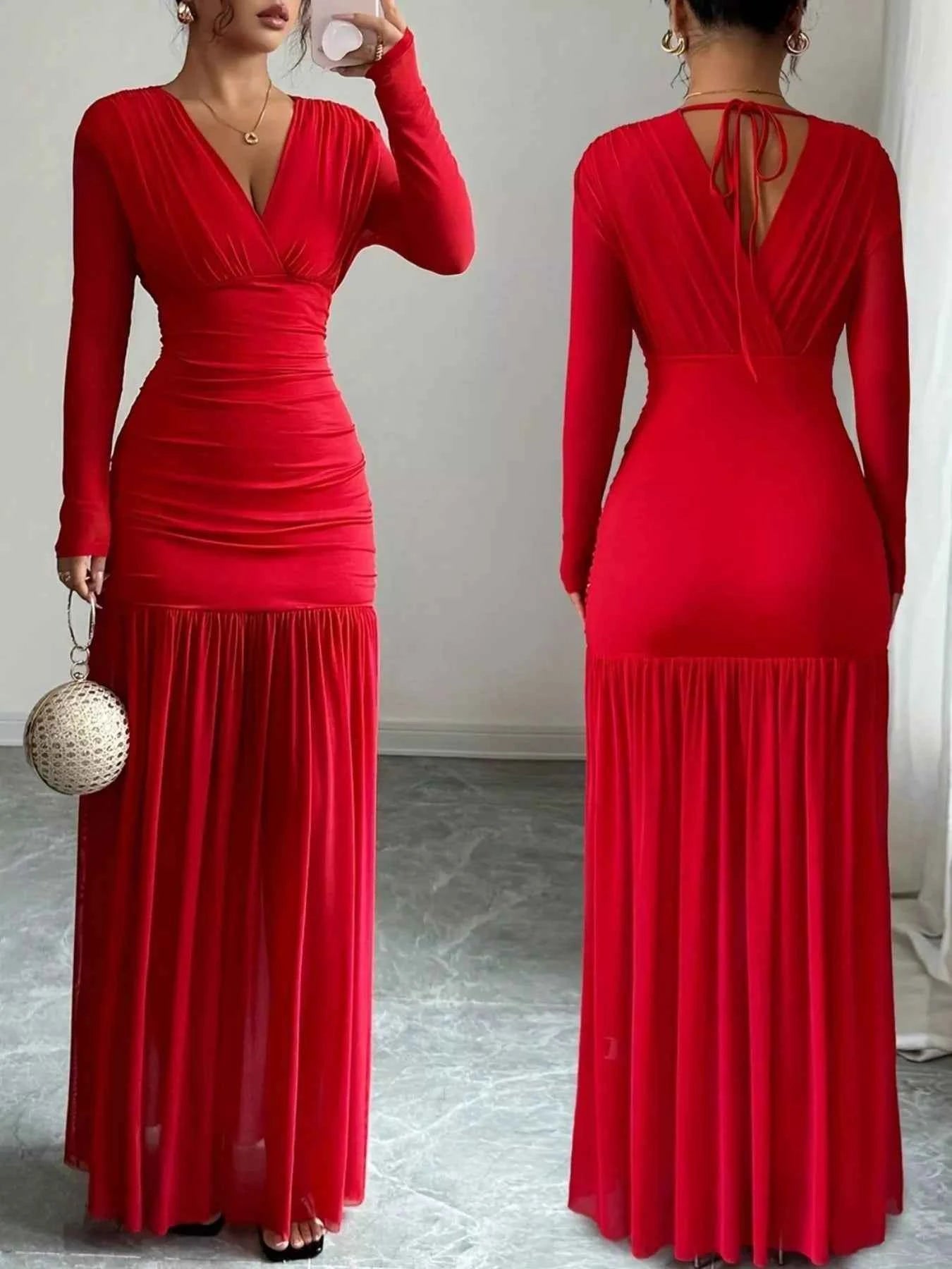 Sarah Express Women's Ruched Surplice Long Sleeve Maxi Dress - Elegant Tie Detail