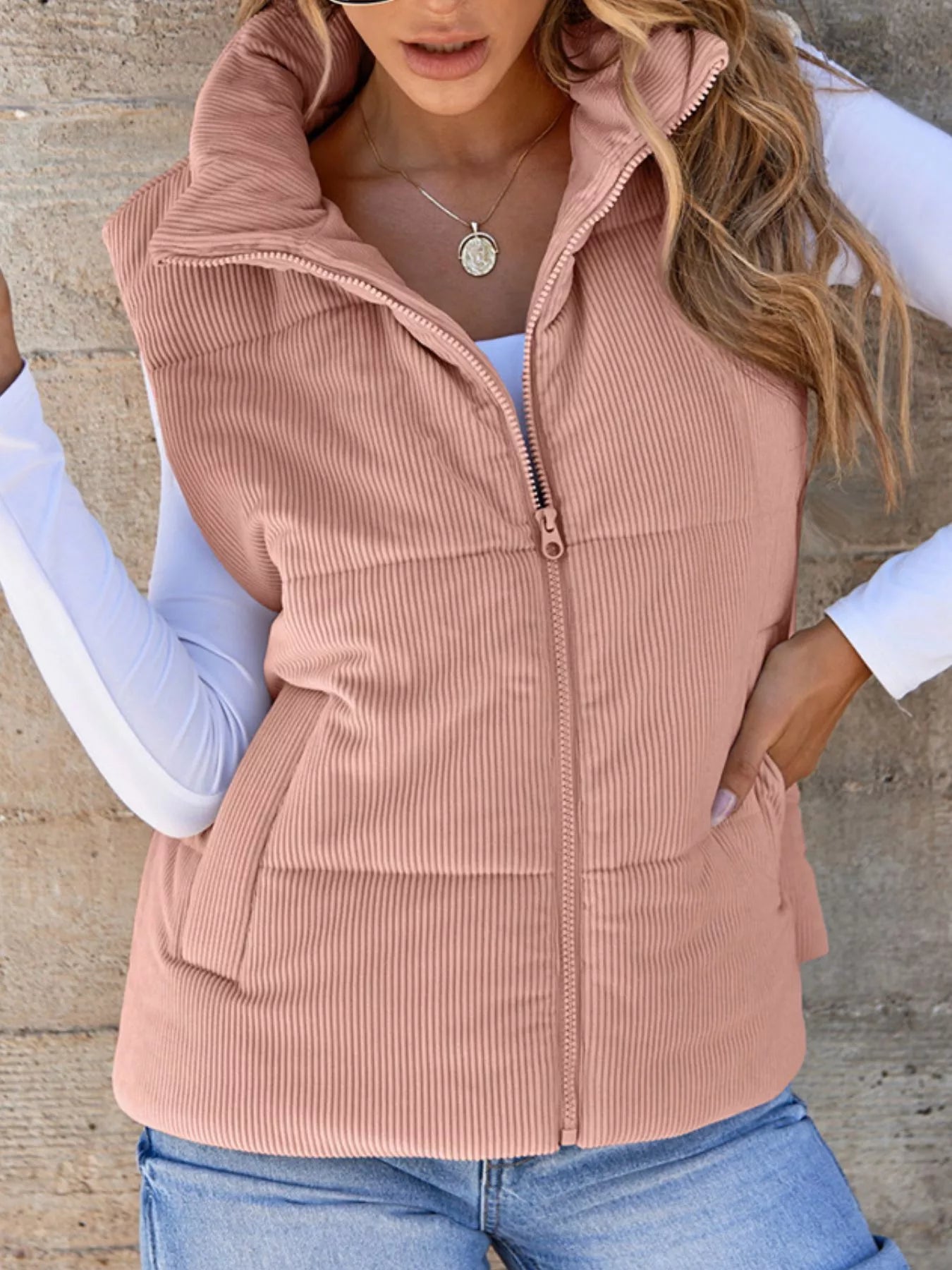 Trendsi Women's Corduroy Zip Up Vest Coat Pink
