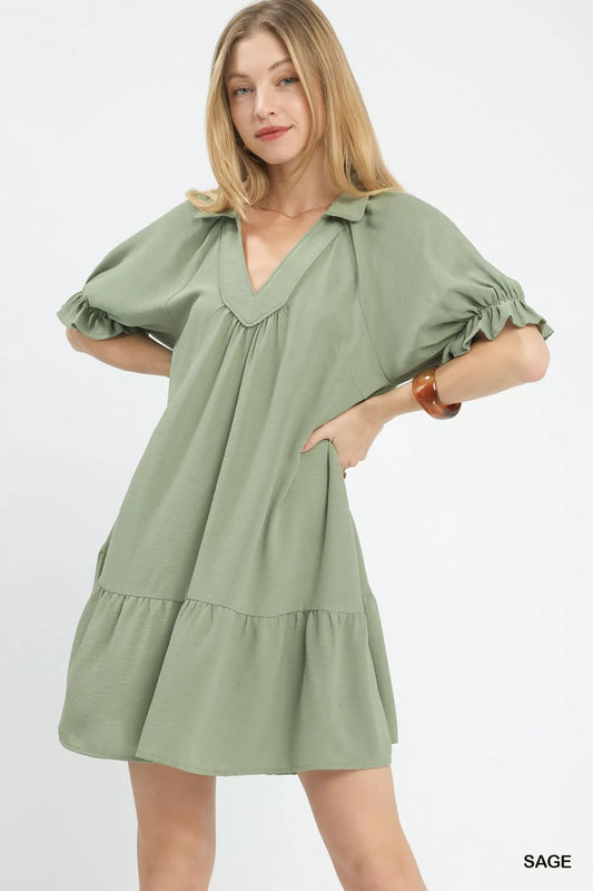 Sarah Express Women's Umgee Tiered Puff Sleeve Babydoll Dress SAGE