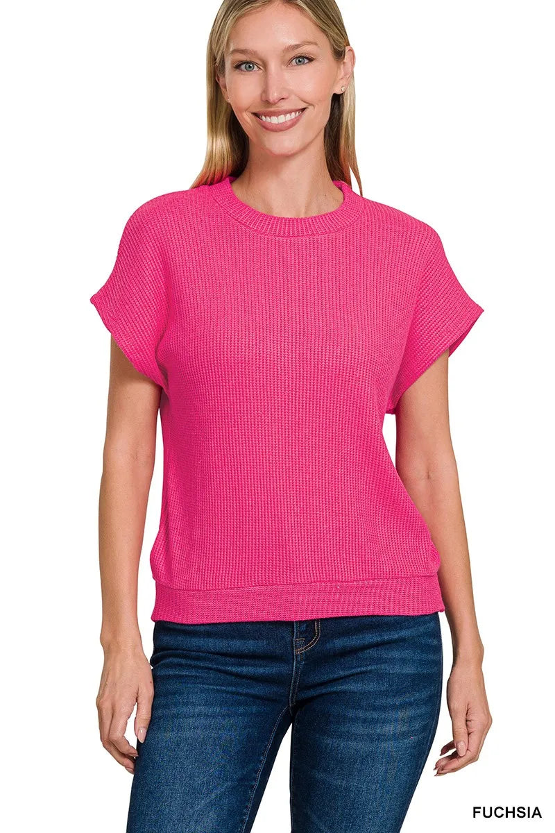 Sarah Express Women's Round Neck Banded Button Short Sleeve Sweater FUCHSIA