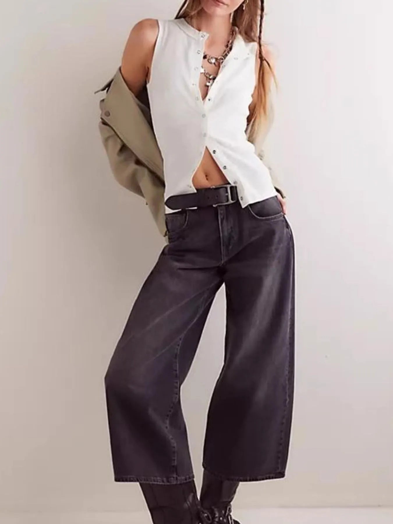 Sarah Express Women's Snap Down Round Neck Ribbed Slim Tank Vest