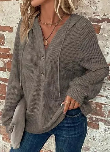 Sarah Express Women's Waffle Knit Button Detail Hoodie Gray