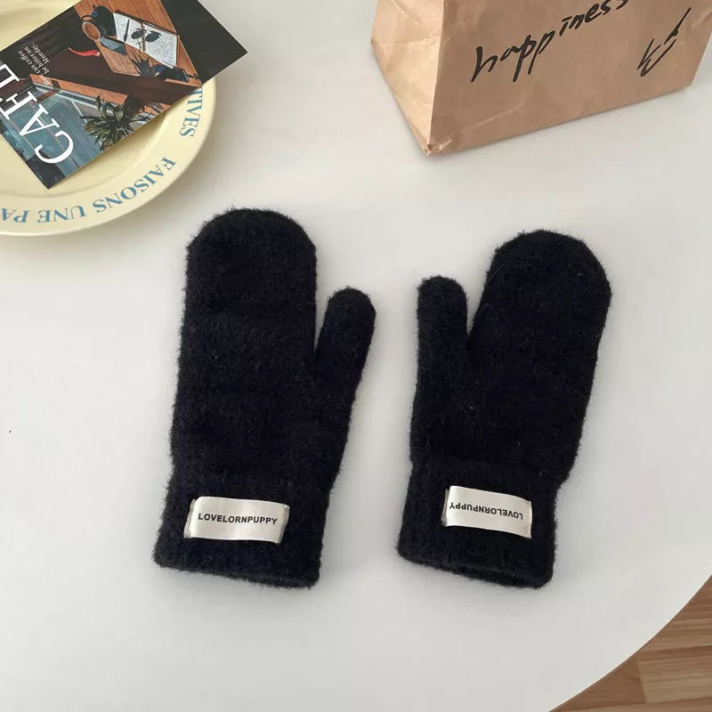 Sarah Express Women's Warm Plush Knitted Mitten Gloves - Faux Cashmere Winter Mittens Black ONESIZE