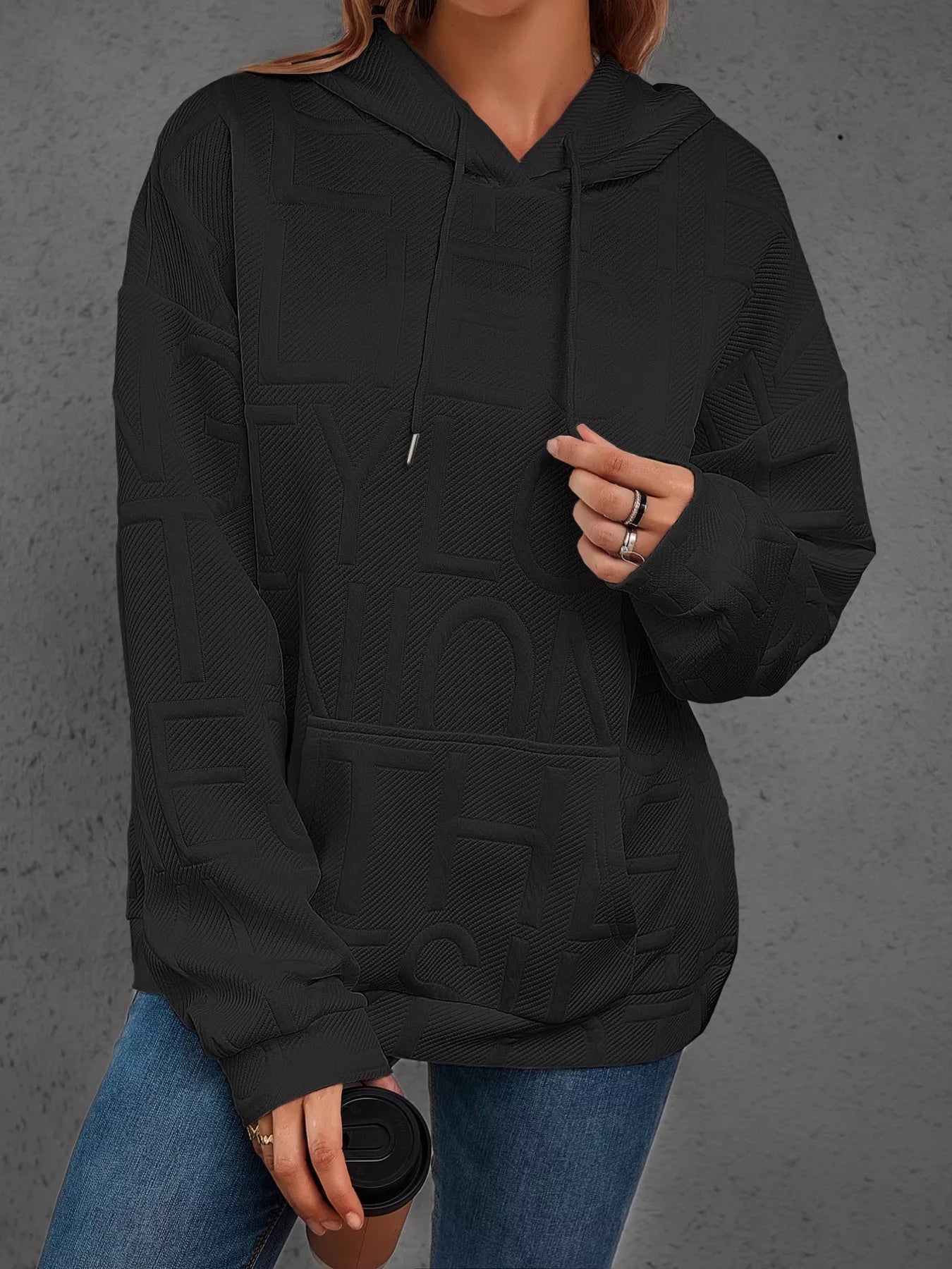 Sarah Express Women's Textured Embossed Long Sleeve Hoodie Plus Size Black