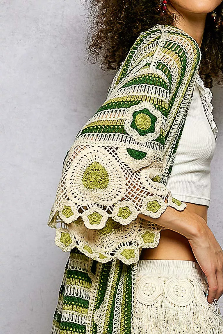 Sarah Express Women's Striped and Floral Pattern Crochet Longline Cardigan