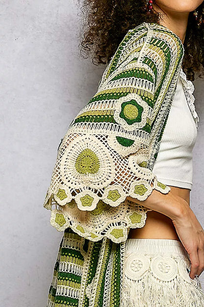 Sarah Express Women's Striped and Floral Pattern Crochet Longline Cardigan