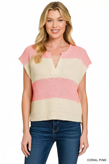 Sarah Express Women's Split Neck Sleeveless Stripe Sweater - Knit Vest Top CORAL PINK