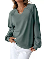 Sarah Express Women's Notched Raglan Sleeve Sweatshirt with Lace Detail