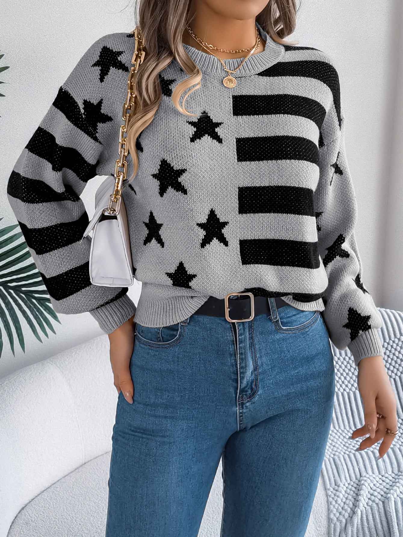 Sarah Express Women Casual Star Stripe Lantern Sleeve Long Sleeve Pullover Sweater Gray