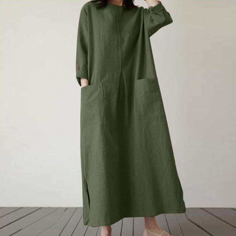 Sarah Express Women's Autumn Solid Color Elegant Cotton Dress Long Sleeve Wide Waist Basic Maxi Dress