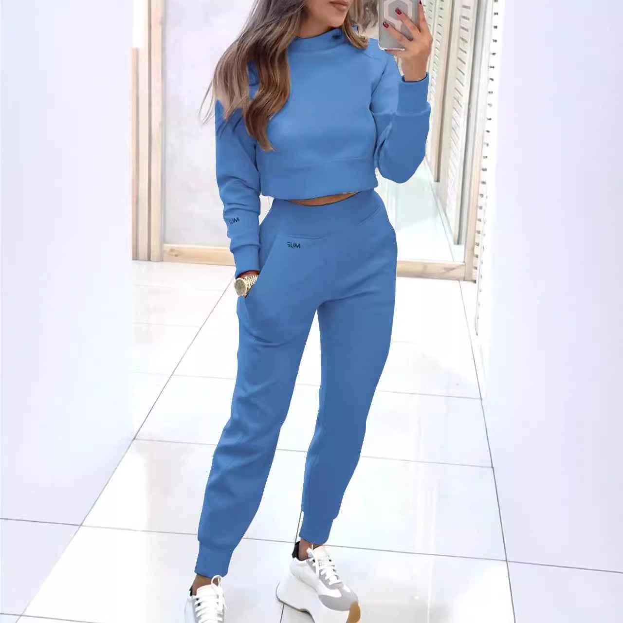 Sarah Express Women's Stand Collar Sports Suit Set - Pullover Top & Slim Trousers with Pockets Solid Color Tracksuit