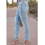 Sarah Express Women's Distressed Skinny Pants Mid Waist Cotton Ripped Denim Trousers Street Style