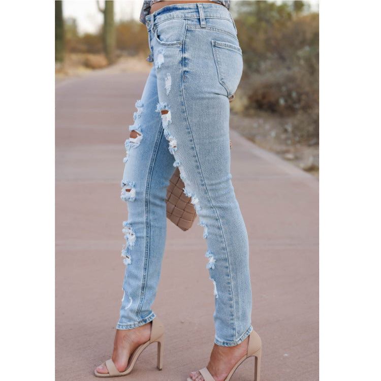 Sarah Express Women's Distressed Skinny Pants Mid Waist Cotton Ripped Denim Trousers Street Style