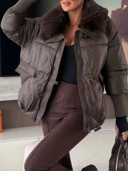 Sarah Express Women's Fur Collar Padded Puffer Jacket - Warm Winter Coat with Zipper Pockets