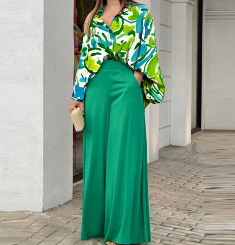Women's Loose Elegant Printed Shirt and Wide Leg Pants Two-Piece Set