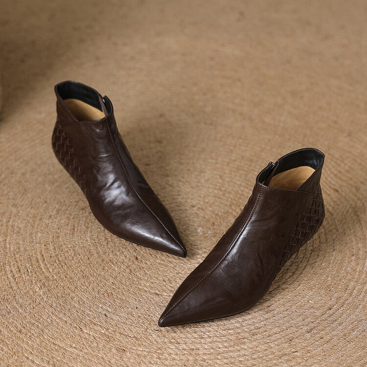 Sarah Express Women's Woven Full-Grain Sheepskin Ankle Boots | Pointed Toe Side Zipper Low Heel