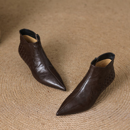 Sarah Express Women's Woven Full-Grain Sheepskin Ankle Boots | Pointed Toe Side Zipper Low Heel