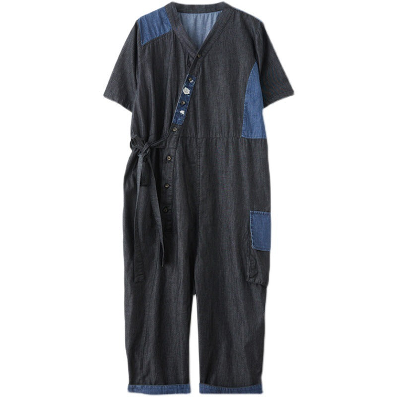 Sarah Express Drawstring Denim-Style Jumpsuit Wide Leg Cropped One Size