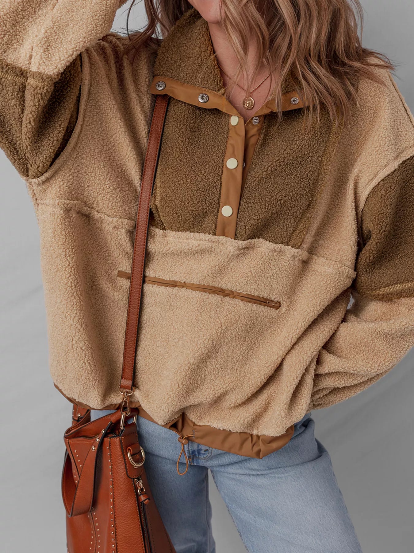 Sarah Express Women's Color Block Patchwork Half Button Sherpa Sweatshirt