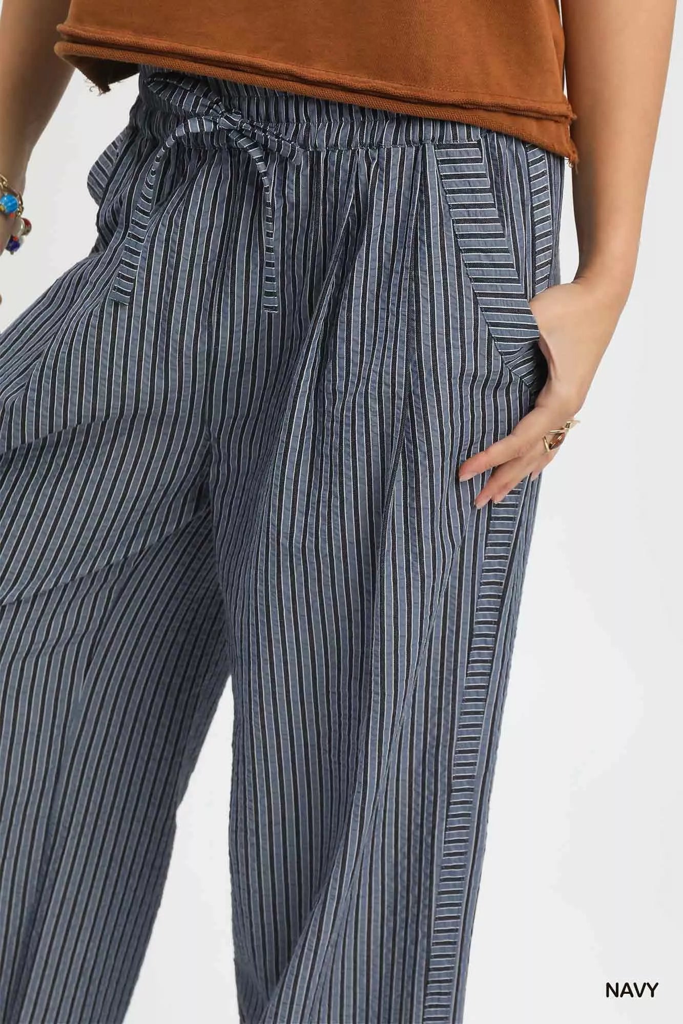 Sarah Express Women's Drawstring Striped Wide-Leg Pants