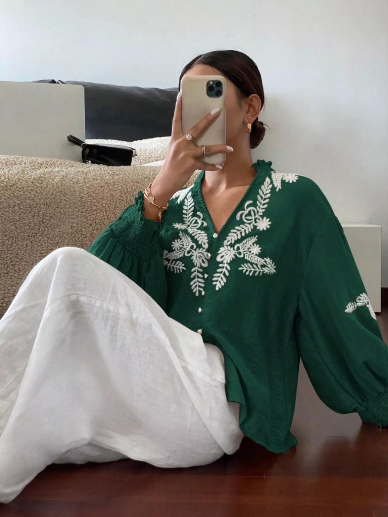 Sarah Express Women's Embroidered Long Sleeve Blouse