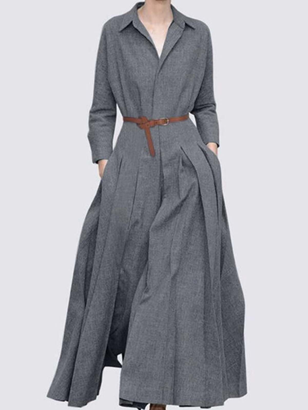 Sarah Express Women's Solid Color Pleated Dress Cotton Linen Casual