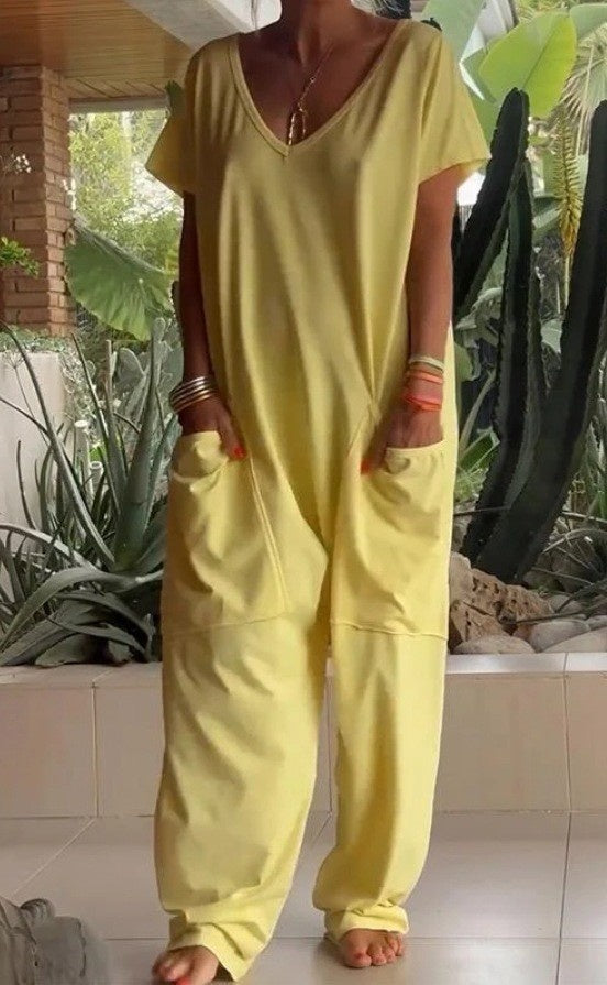 Sarah Express Women's V-Neck Oversized Jumpsuit Quarter Sleeve Pockets Casual Street Style Spring Summer
