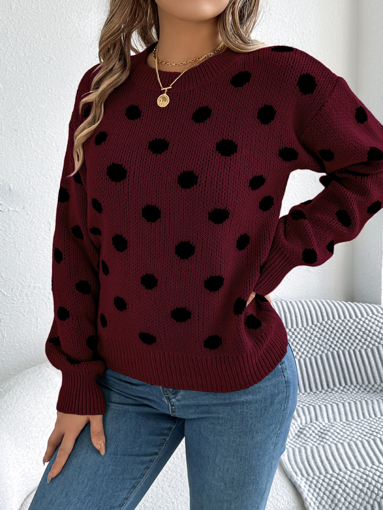 Sarah Express Women's Casual Color Block Polka Dot Pullover Sweater - Long Sleeve Knit Top