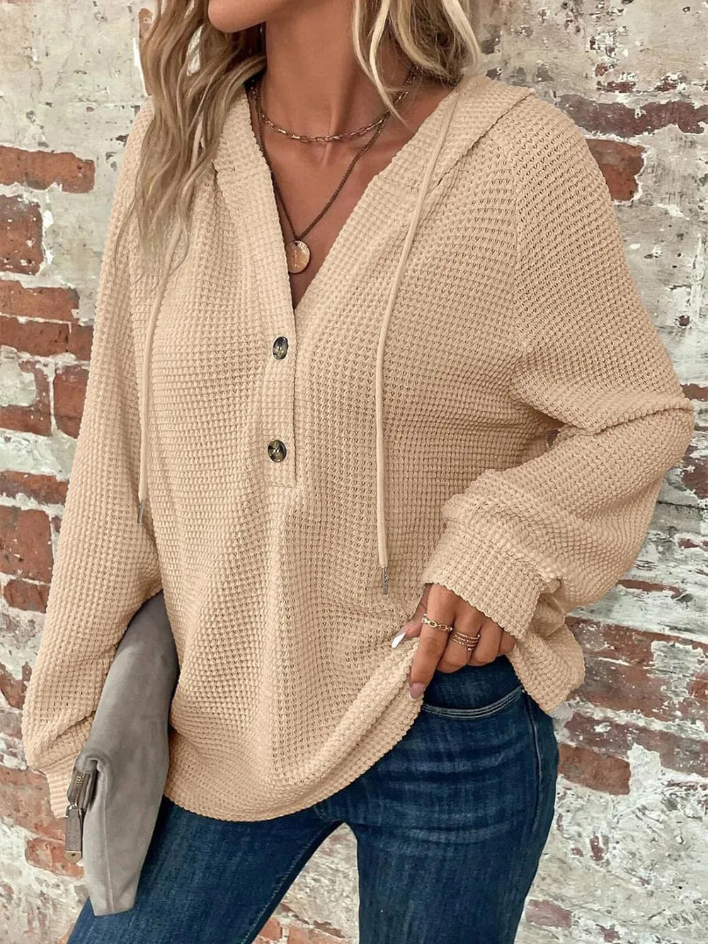 Sarah Express Women's Waffle Knit Long Sleeve Drawstring Hooded Top Tan