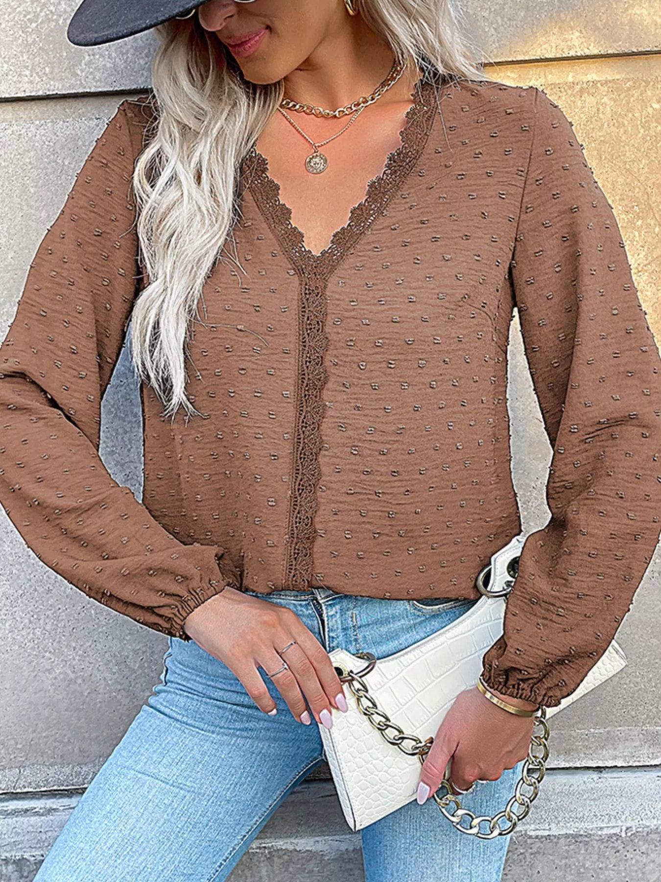 Sarah Express Women's Lace Detail V-Neck Long Sleeve Blouse