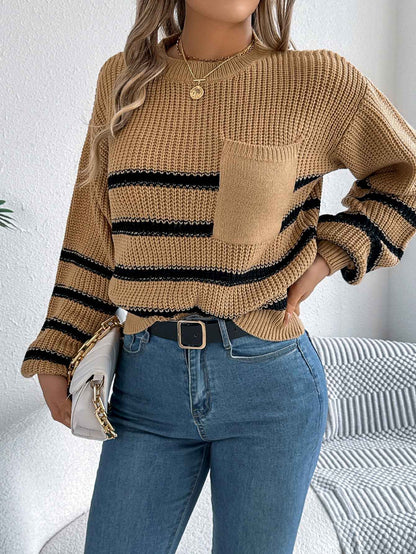 Sarah Express Women's Color Block Stripe Lantern Sleeve Pullover Sweater - Casual Knit Top
