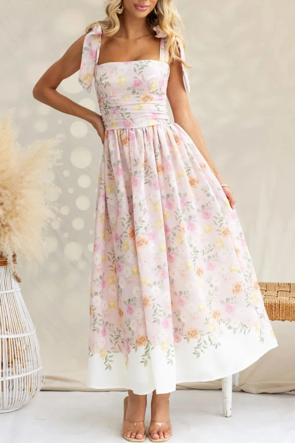 Sarah Express Women's Printed Tie Shoulder Midi Cami Dress Blush Pink