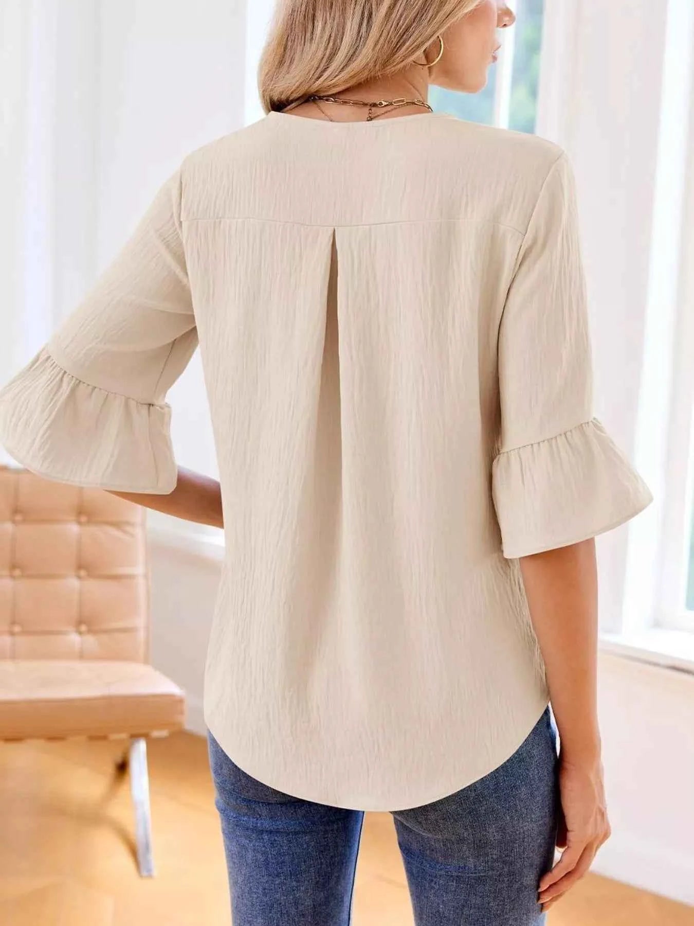 Sarah Express Women's Ruffled Flounce Sleeve Blouse - Elegant Polyester Top