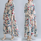 Sarah Express Women's Plus Size Cotton Linen Print Dress Loose Oversized Short Sleeve Maxi