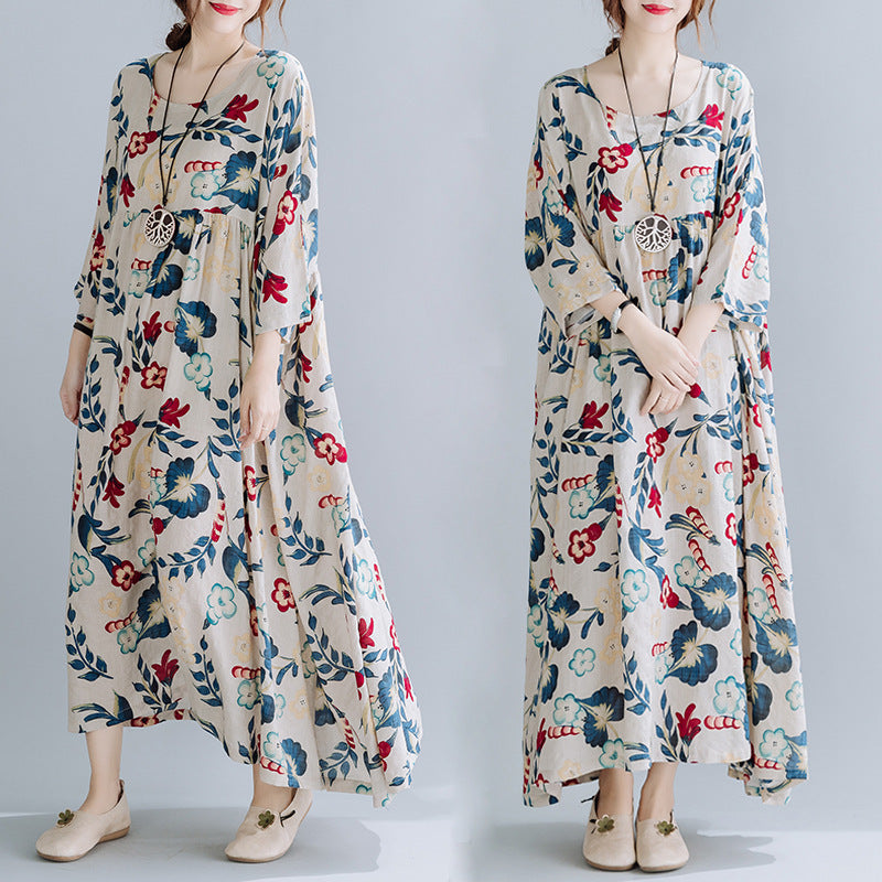 Sarah Express Women's Plus Size Cotton Linen Print Dress Loose Oversized Short Sleeve Maxi