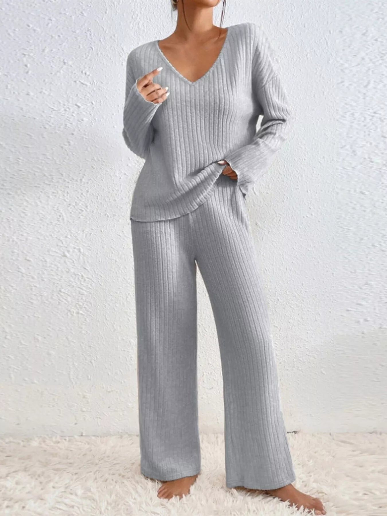 Sarah Express Women's Ribbed V-Neck Top and Pants Lounge Set - Two Piece Outfit Light Gray