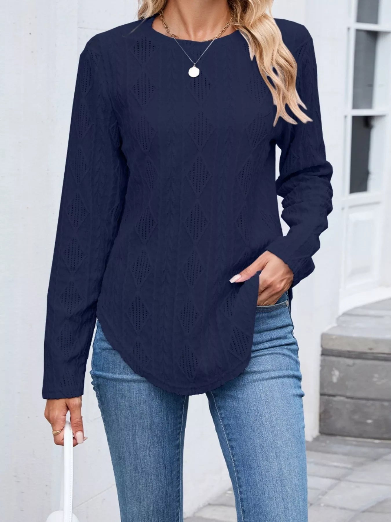 Sarah Express Women's Diamond Pattern Openwork Knit Long Sleeve Top