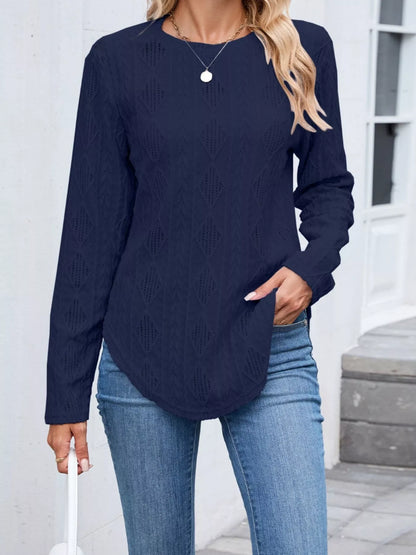 Sarah Express Women's Diamond Pattern Openwork Knit Long Sleeve Top