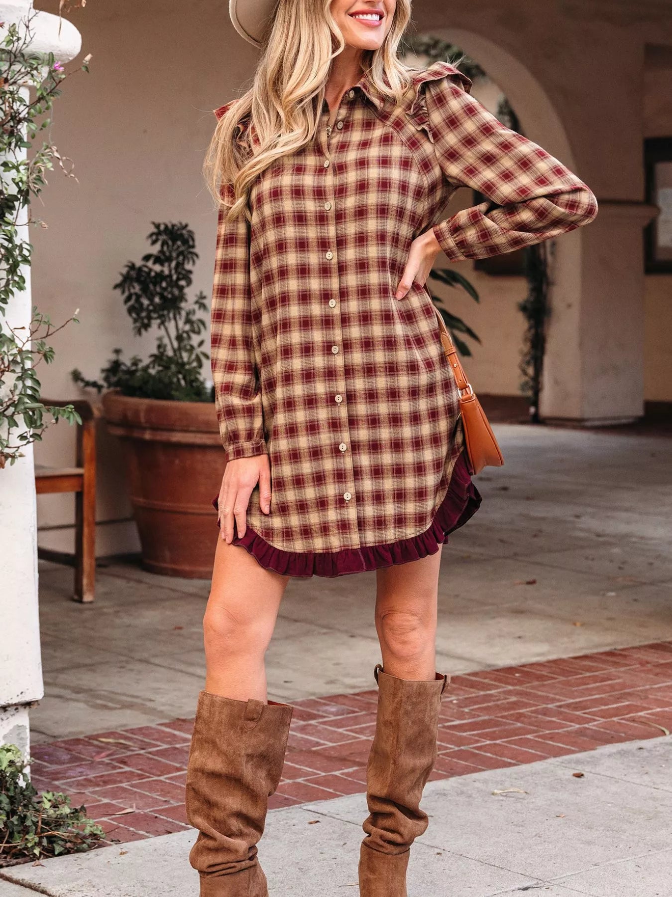 Sarah Express Women's Plaid Print Ruffled Mini Shirt Dress - Long Sleeve Button Front Patchwork Hem