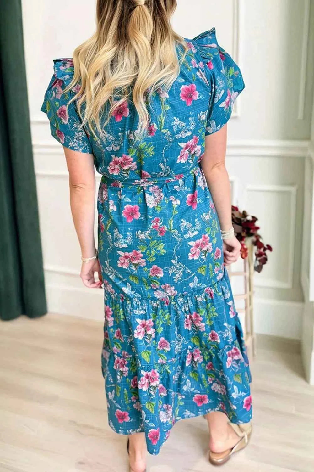 Sarah Express Women's Floral Flutter Sleeve Belted Maxi Dress - Cotton Button Front Split Neck Dress