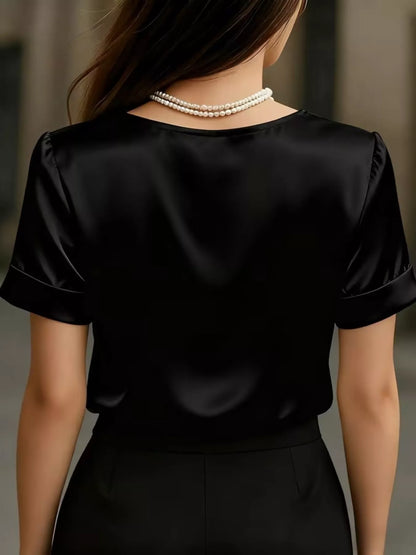 Sarah Express Women's V-Neck Short Sleeve Satin Blouse