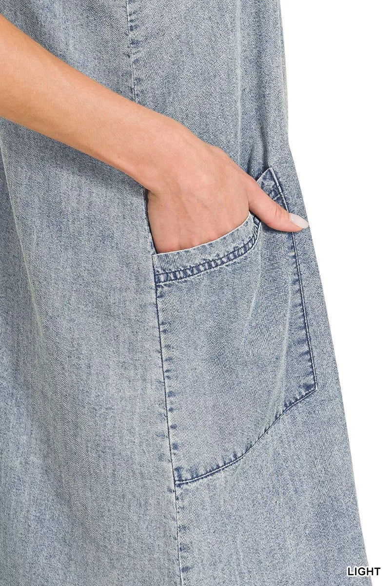 Sarah Express Women's Enzyme Stone Washed Lyocell Mini Dress with Pockets - V-Neck Sleeveless Summer Dress