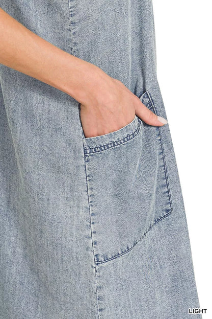 Sarah Express Women's Enzyme Stone Washed Lyocell Mini Dress with Pockets - V-Neck Sleeveless Summer Dress