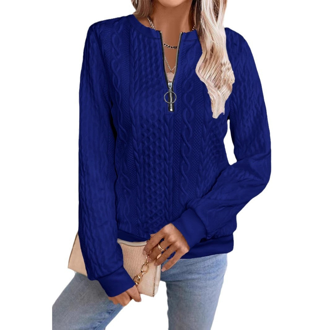 Sarah Express Women's Zipper Detail Long Sleeve Sweater Casual Loose Fit Pullover Top
