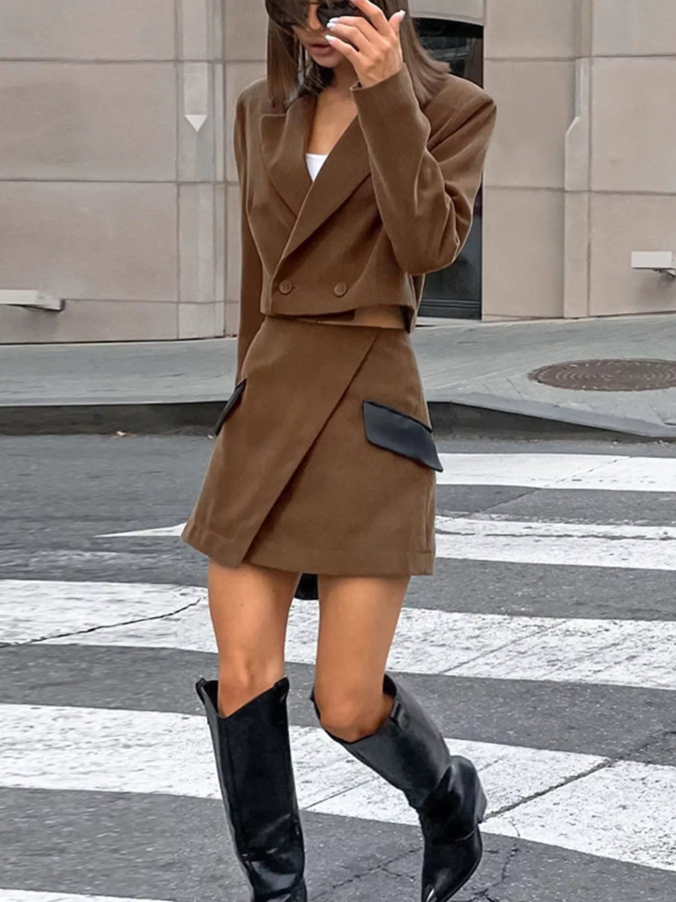 Sarah Express Women's Double-Breasted Blazer & Asymmetrical Skirt Set