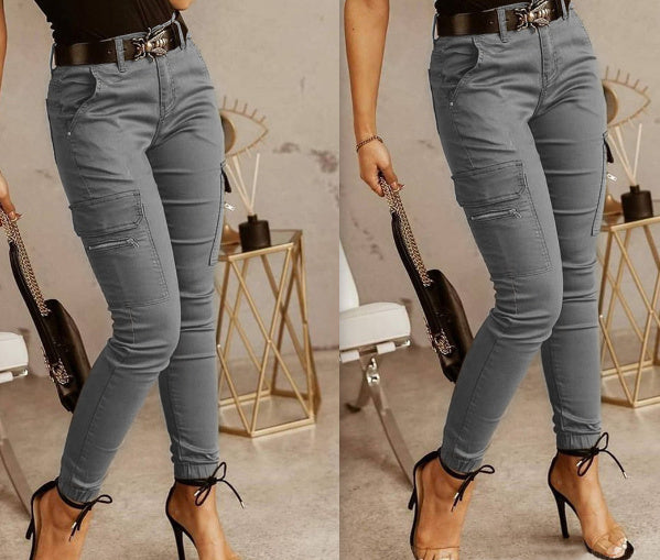 Sarah Express Women's Low Waist Cotton Blend Cargo Overalls Loose Fit Button Detail Trousers