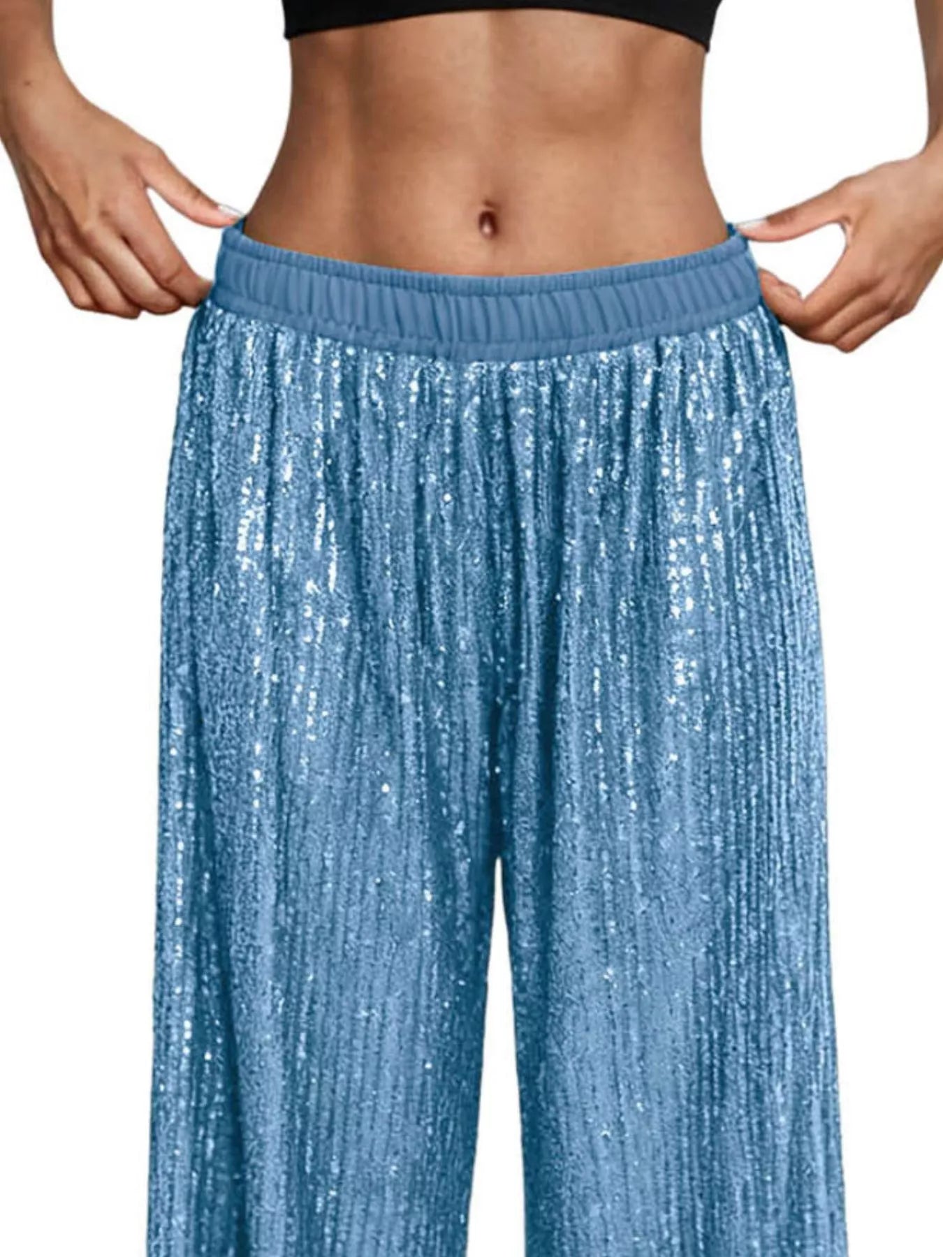 Sarah Express Women's Sequin Wide Leg Pants - High Waist Sparkle Palazzo Trousers