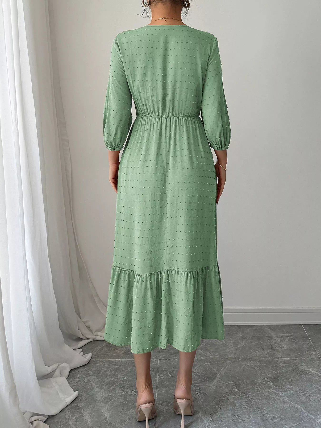 Sarah Express Women's Swiss Dot Ruffle Hem Midi Dress - Long Sleeve Ruched Dress